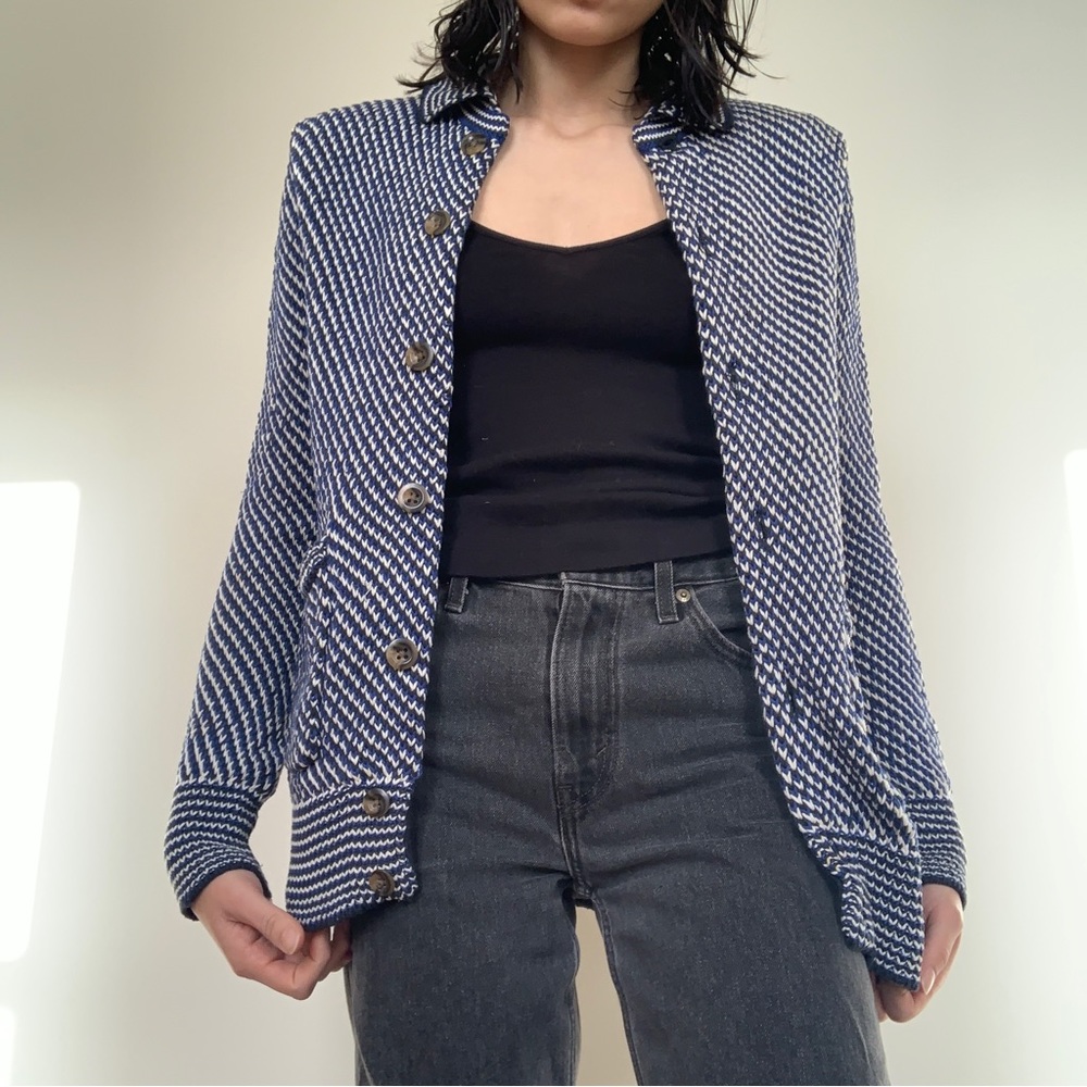 Club Monaco Blue Stripe Cotton Knit Cardigan